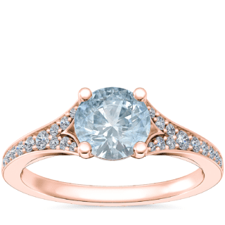 Petite Split Shank Pavé Cathedral Engagement Ring with Round Aquamarine in 14k Rose Gold (6.5mm)
