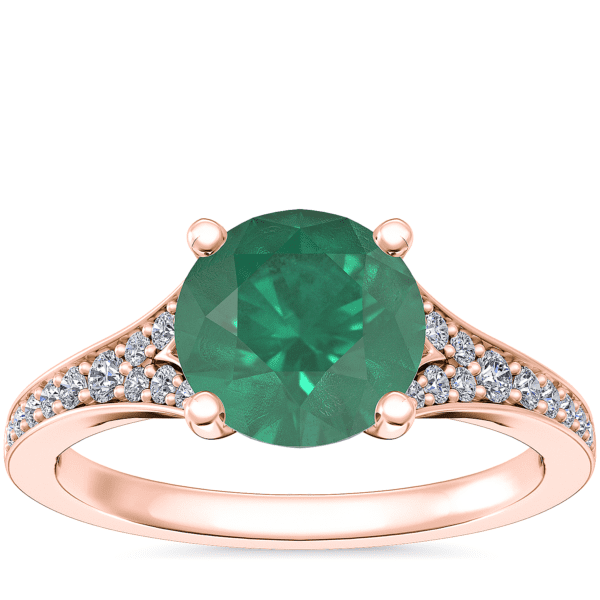 Petite Split Shank Pavé Cathedral Engagement Ring with Round Emerald in 14k Rose Gold (8mm)