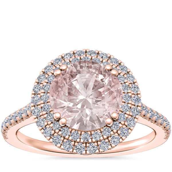 Micropavé Double Halo Diamond Engagement Ring with Round Morganite in 14k Rose Gold (8mm)