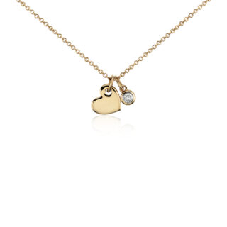Mini Heart and Diamond Charm Pendant in 14k Yellow Gold